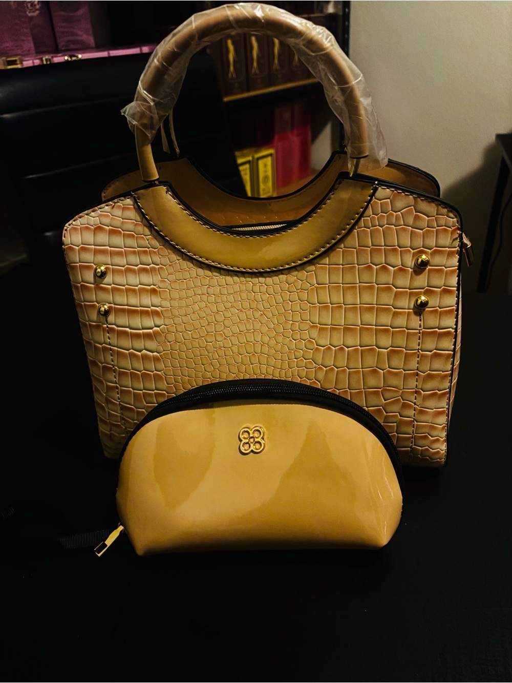 Women’s Croc-Embossed Satchel with Matching Pouch - Beige